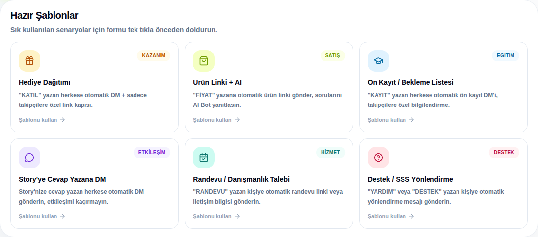 DMPilot panelinde hazır otomasyon şablonları: hediye dağıtımı, ürün linki, ön kayıt, story yanıtı, randevu talebi ve destek yönlendirme.